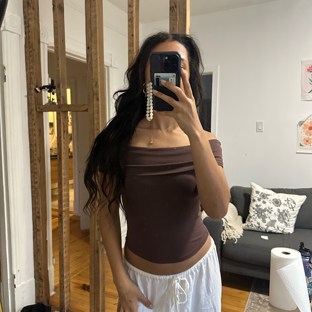 Aerie Brown Off-Shoulder Crop Top